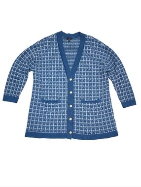 Talbots Plus Merino Wool V-Neck Blue Plaid Cardigan Sweater Women's 2X